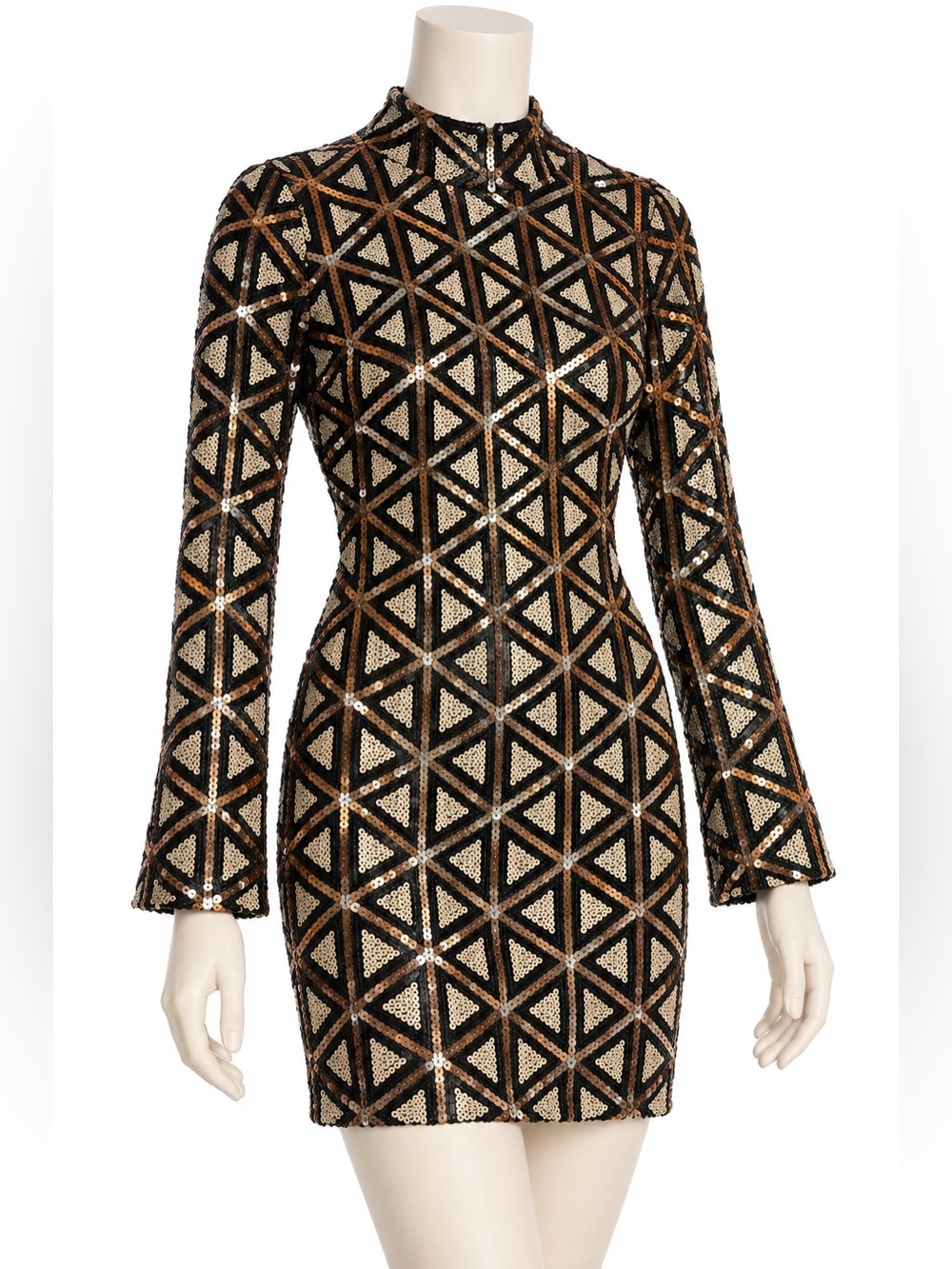 Lulus Sequin Geometric Bodycon Mini Dress Black Gold Silver Long Sleeve Sz S